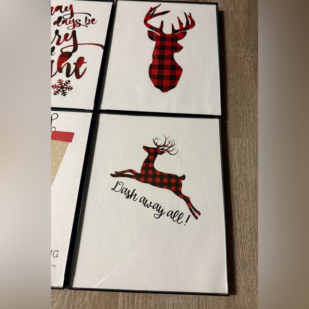 Plaid Christmas Wall Art Set of 4 Framed Reindeer Stockings Holiday Decor - Picture 4 of 4